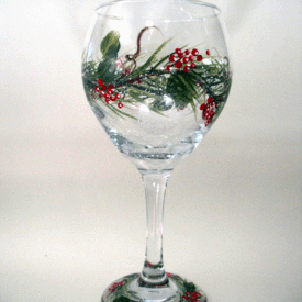 hand painted Christmas garland wine glass