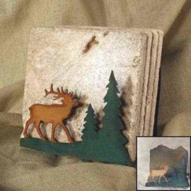 Elk in Pine trees coaster set